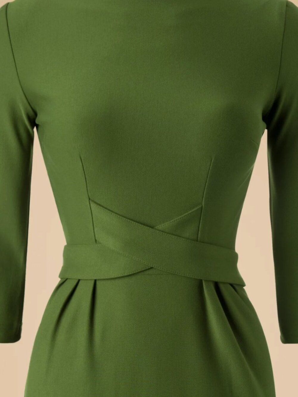 Bettie Page by Tatyana Pinup Retro Wiggle Olive Green Dress w/ Criss Cross Belt - Picture 5 of 12